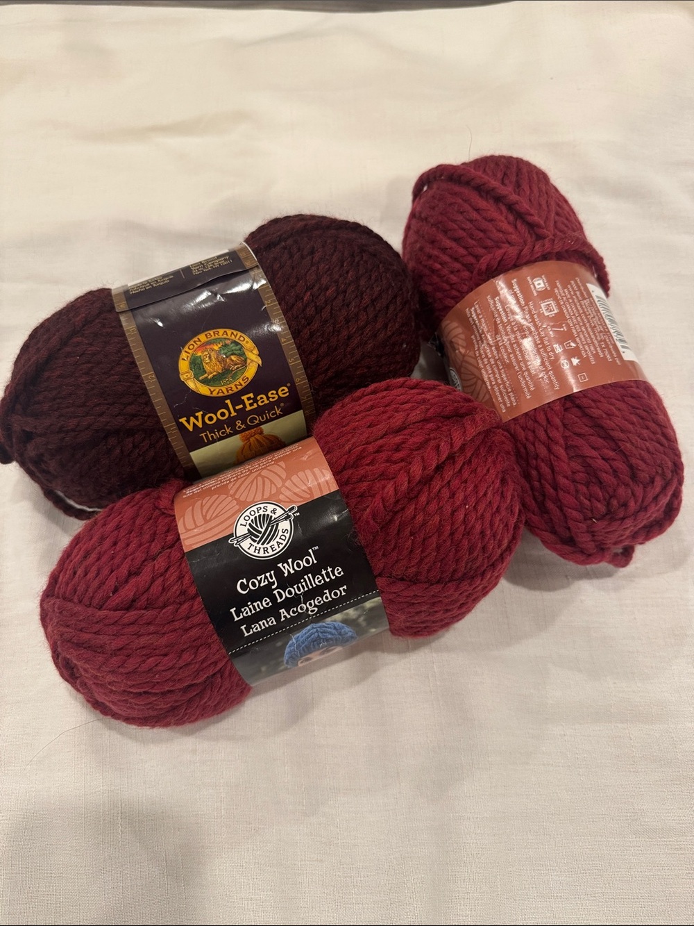 (BUNDLE) chunky wool yarn - 2 deep red and 1 burgundy